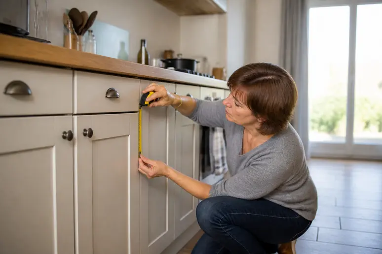 Une femme d'âge mûr mesure une porte de cuisine avec soin pour estimer son coût dans un espace lumineux.