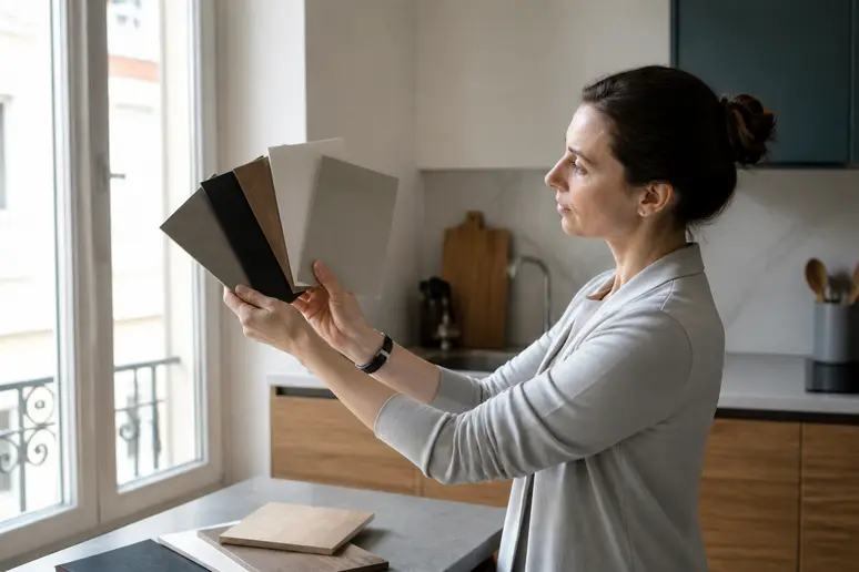 Une designer compare des échantillons de finitions et de couleurs de façades de cuisine à la lumière naturelle dans une cuisine moderne.