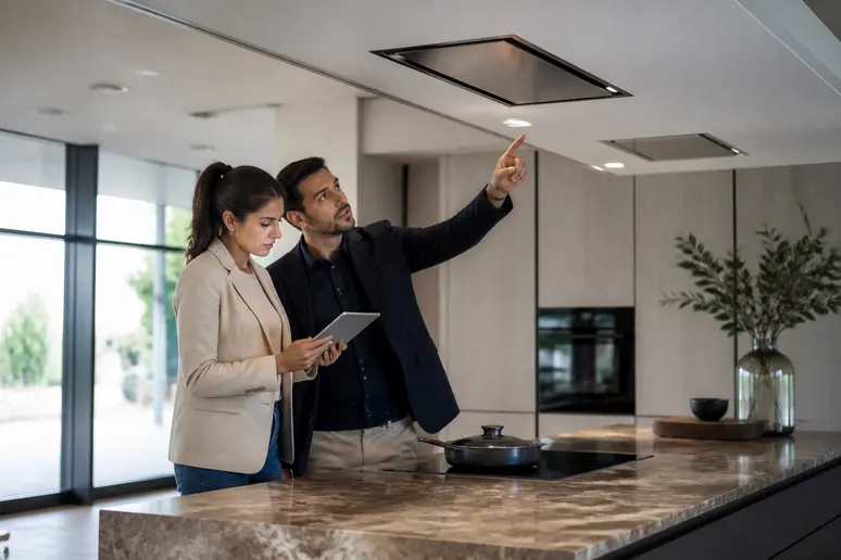 Un couple italien discute de différents modèles de hottes de plafond Airforce dans un showroom de cuisine moderne.