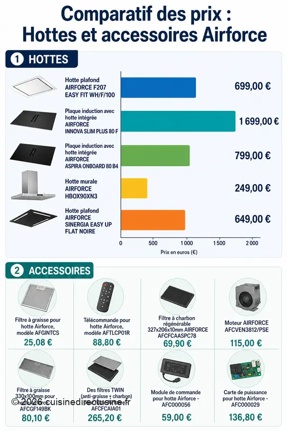 Comparatif des prix des hottes de cuisine Airforce et de leurs différents accessoires et pièces détachées.