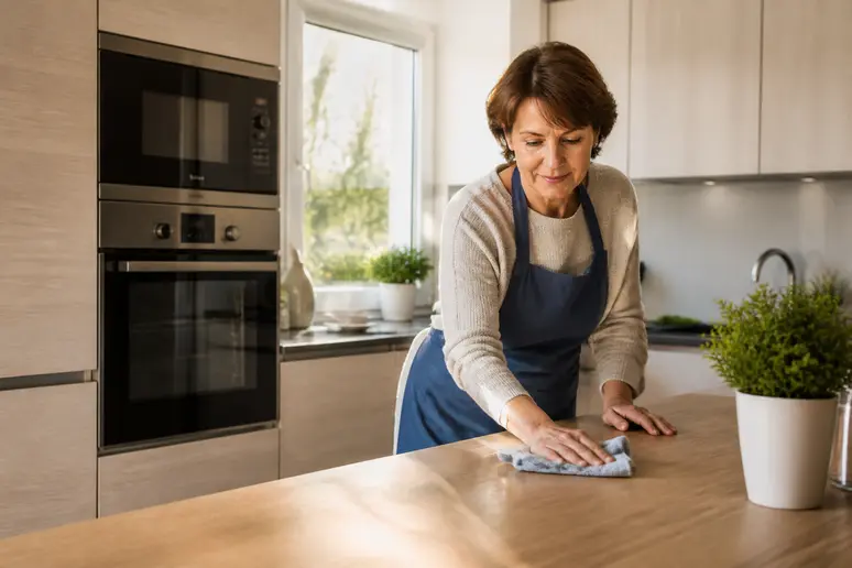 Une femme nettoie son plan de travail près d'une colonne four et micro-ondes intégrée.