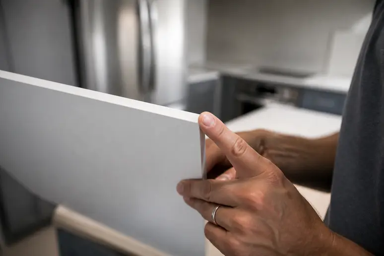 Examen minutieux des finitions d'une colonne de cuisine pour évaluer la qualité.