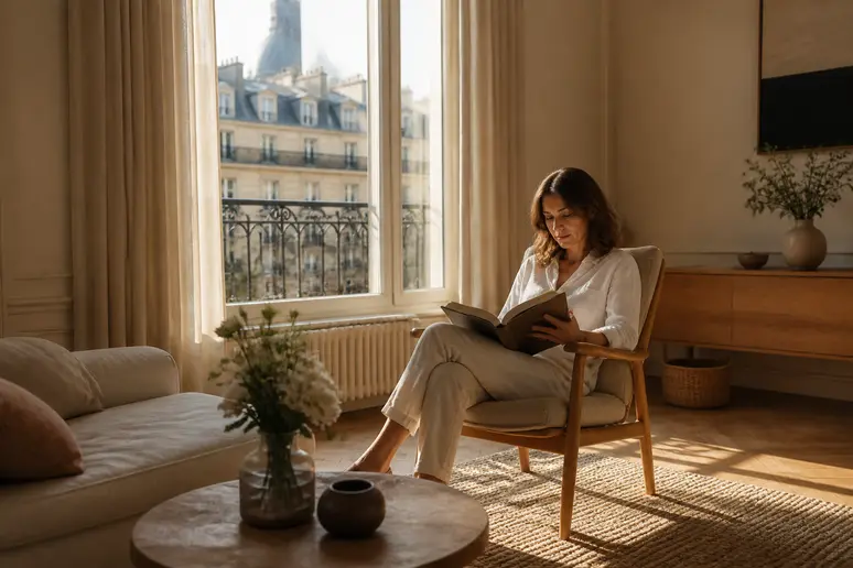 Une femme lit dans un salon lumineux aux murs d'un blanc noble, créant une atmosphère sereine et chaleureuse.