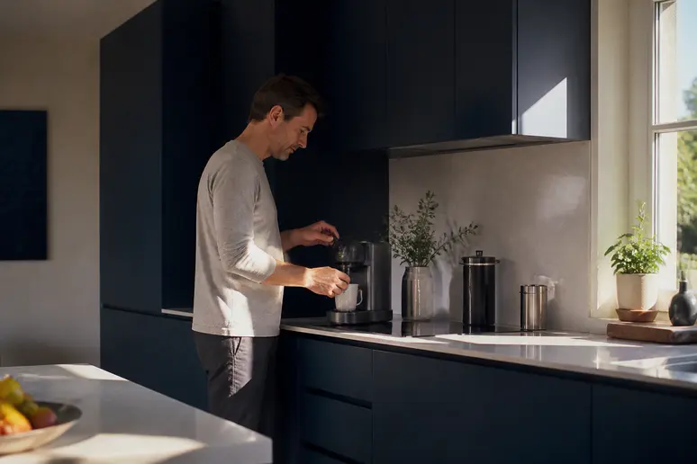 Cuisine moderne aux murs bleu orageux, accentuant le caractère et l'atmosphère enveloppante des lieux.