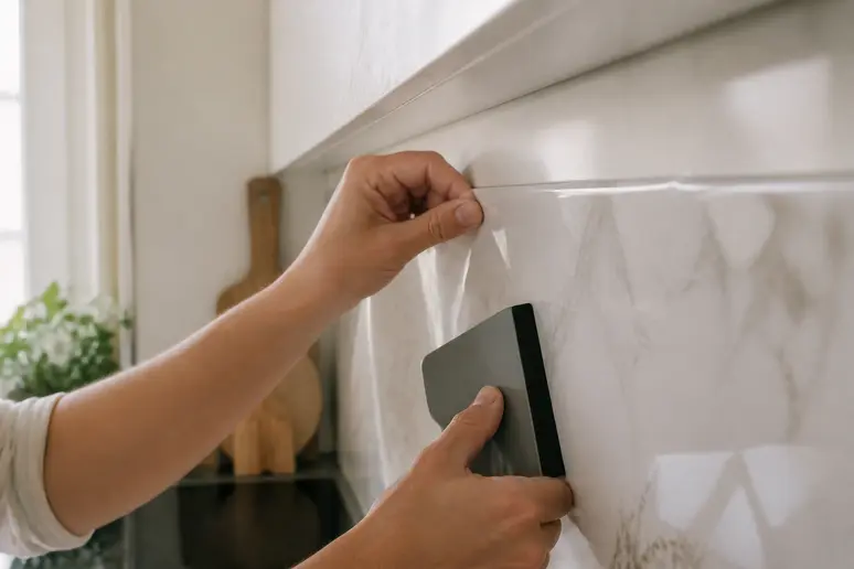 Des mains lissent avec soin une crédence adhésive, retirant progressivement le film protecteur pour éviter les bulles et les plis.