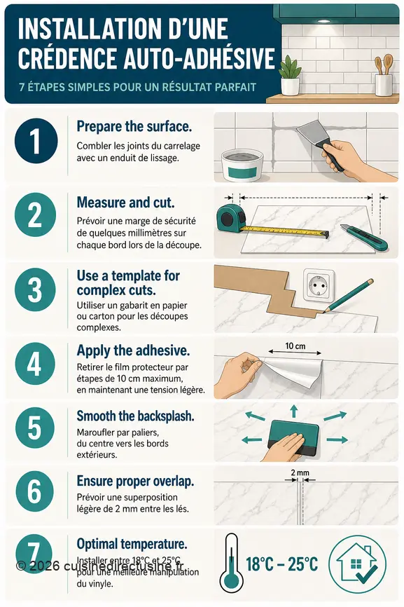 Guide visuel des étapes pour une installation professionnelle de crédence autocollante, avec conseils de mesure et température.
