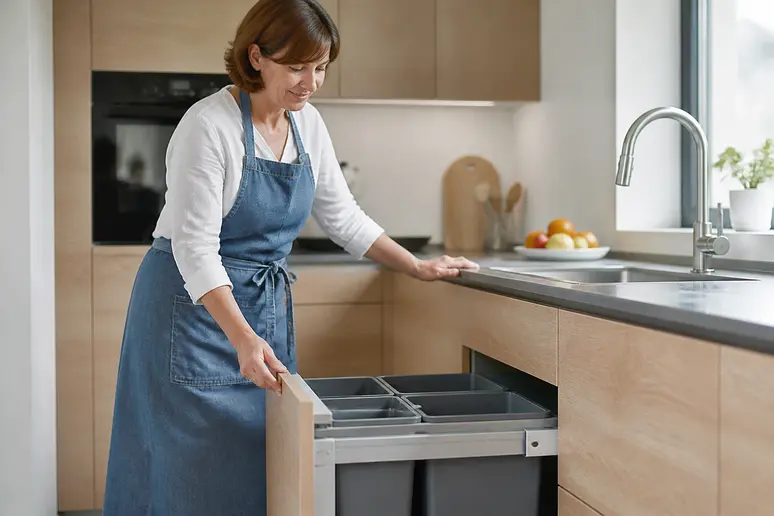 Une femme française manipule un système de poubelle coulissante encastré sous l'évier de sa cuisine moderne.