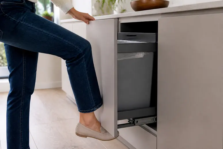 Une main utilise un système d'ouverture à genou pour une poubelle encastrée dans un meuble de cuisine moderne.