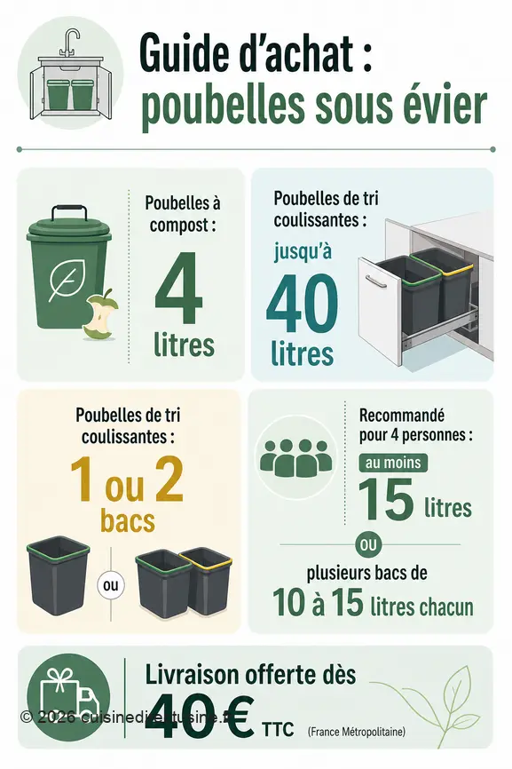 Infographie comparant les capacités des poubelles sous évier, les configurations de tri et les conditions de livraison.