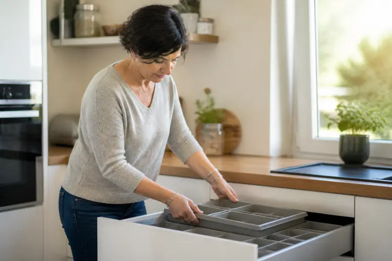 Organisation de tiroirs de cuisine avec des solutions modulables pour optimiser l'espace.