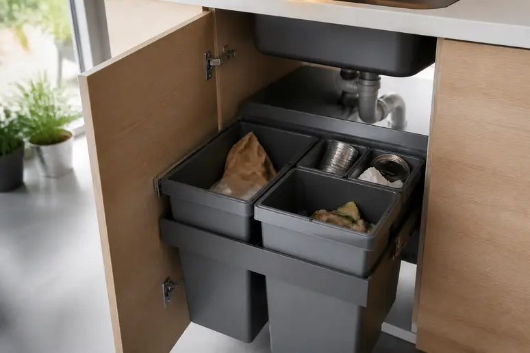 Système de tri des déchets IKEA HÅLLBAR intégré dans un placard de cuisine pour une gestion efficace.