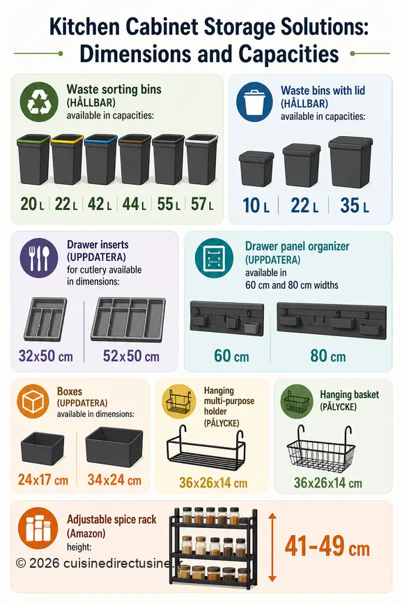 Infographie présentant les différentes dimensions et capacités des solutions de rangement pour placards de cuisine.