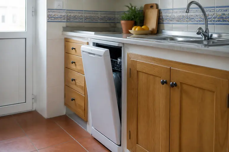 Gros plan sur un lave-vaisselle compact de 45 cm dans une cuisine portugaise, mettant en évidence sa taille adaptée aux petits espaces.