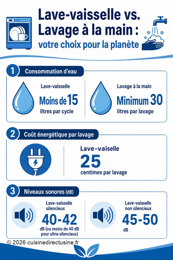 Comparaison de la consommation d'eau, du coût énergétique et du niveau sonore entre lave-vaisselle et lavage à la main.