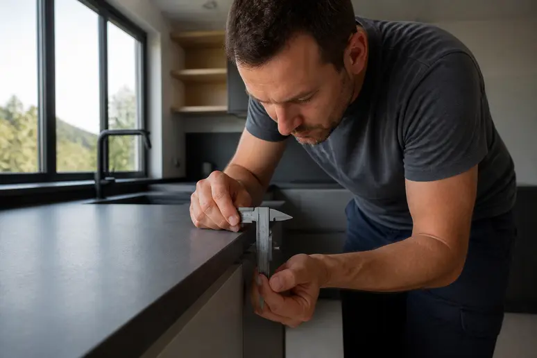 Un homme mesure la finesse d'un plan de travail compact stratifié dans une cuisine moderne, soulignant sa précision technique.