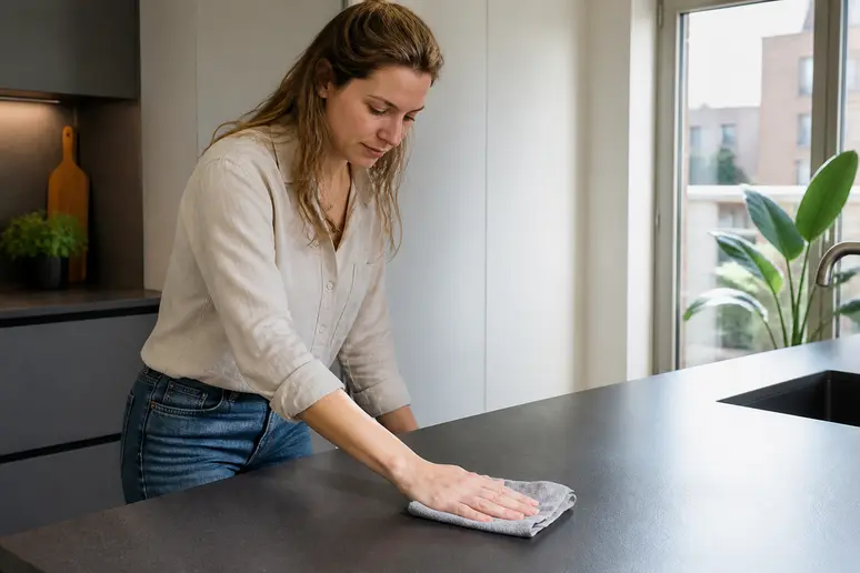 Une femme néerlandaise nettoie un plan de travail de cuisine stratifié compact gris foncé avec un chiffon humide.