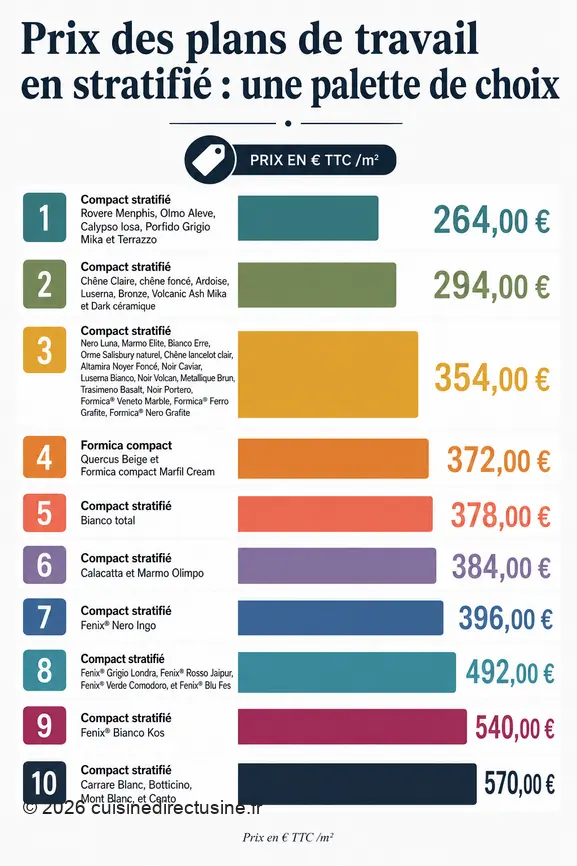 Comparaison des prix au mètre carré pour différents types de plans de travail en stratifié de cuisine.