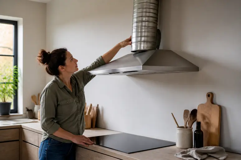 Femme réfléchissant au choix entre hotte à évacuation et recyclage pour bien choisir sa hotte aspirante.