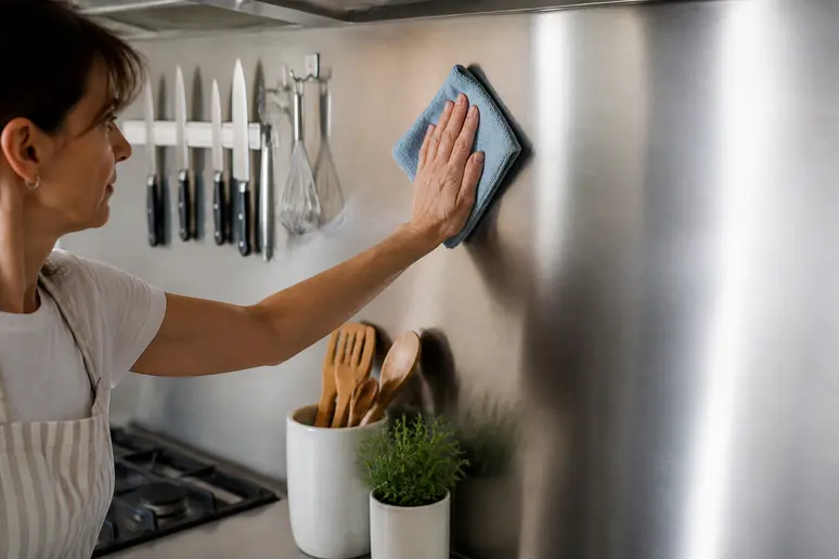Entretien crédence cuisine en inox avec organisation d'accessoires pratiques pour optimiser l'espace.
