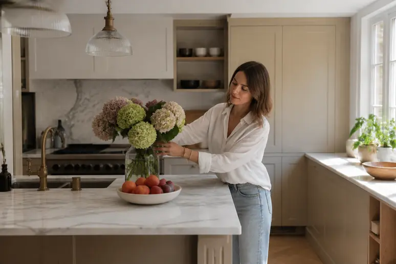 Personnalisation d'une cuisine beige avec des accessoires colorés et un plan de travail en marbre.