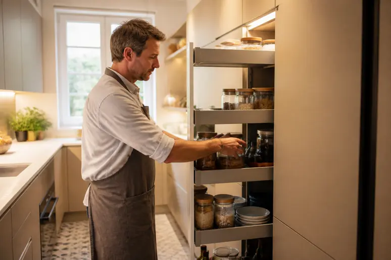 Optimisation d'une petite cuisine beige avec des solutions de rangement intelligentes et un éclairage fonctionnel.