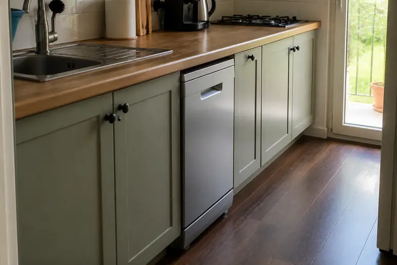 Électroménager compact et agencement optimisé sous le plan de travail dans une cuisine exiguë
