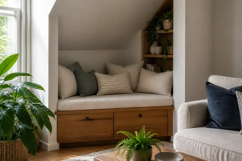 Banquette sur mesure installée dans un coin lecture de salon pour optimiser l'espace