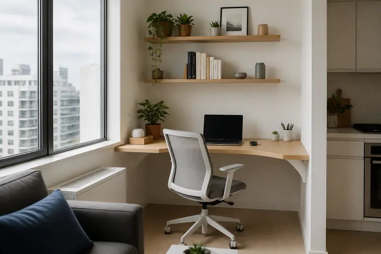 Bureau d'angle aménagé avec des étagères murales pour le télétravail dans un petit salon