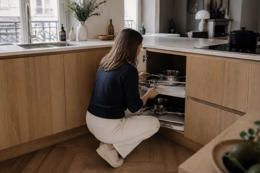 Aménager un angle de cuisine moderne avec des solutions de rangement astucieuses dans un appartement lumineux.