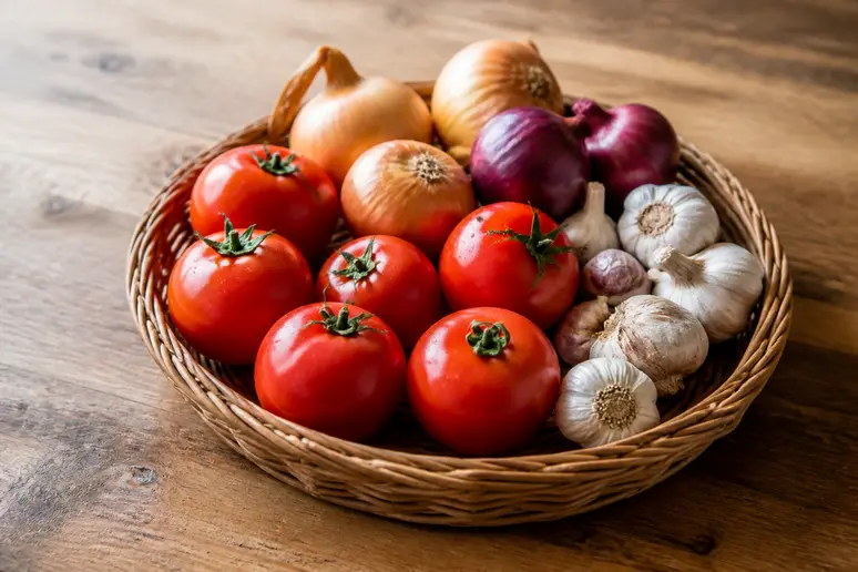 Tomates fraîches et oignons disposés dans un panier en osier sur un plan de travail