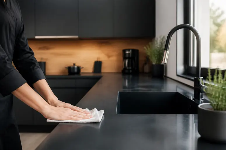 Façades de cuisine noire mate associées à une crédence en bois chaleureux.