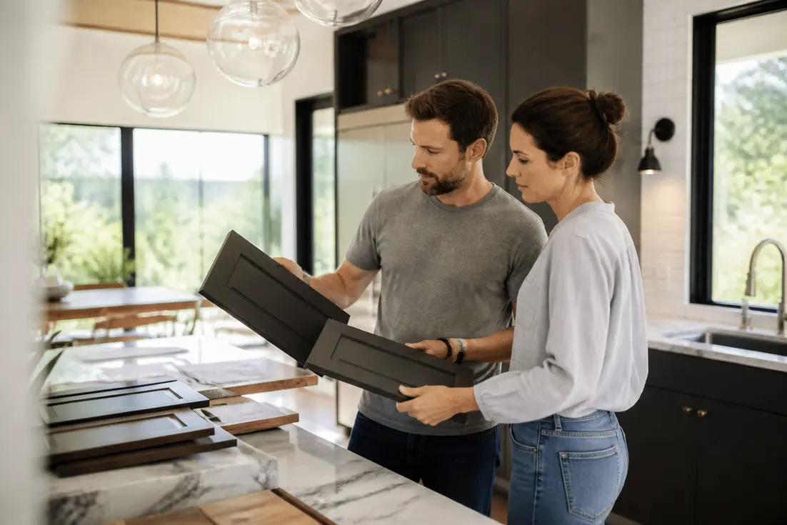 Couple examinant des échantillons de couleurs tendance cuisine dans un aménagement moderne et lumineux