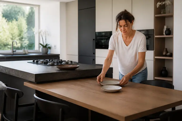 Femme dans une cuisine moderne choisissant la hauteur de son îlot central et table intégrée.
