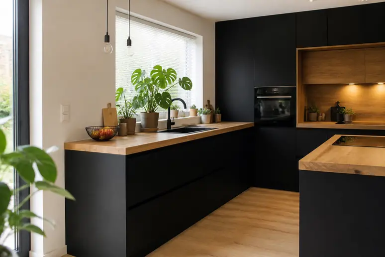 Cuisine noire et bois avec un plan de travail en chêne clair et des façades mat.