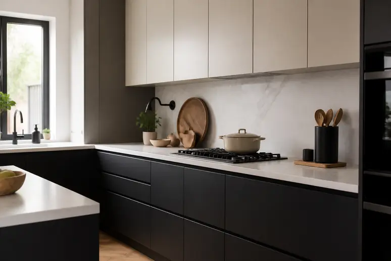 Aménagement d'une petite cuisine noire et bois optimisant la luminosité avec des meubles clairs.