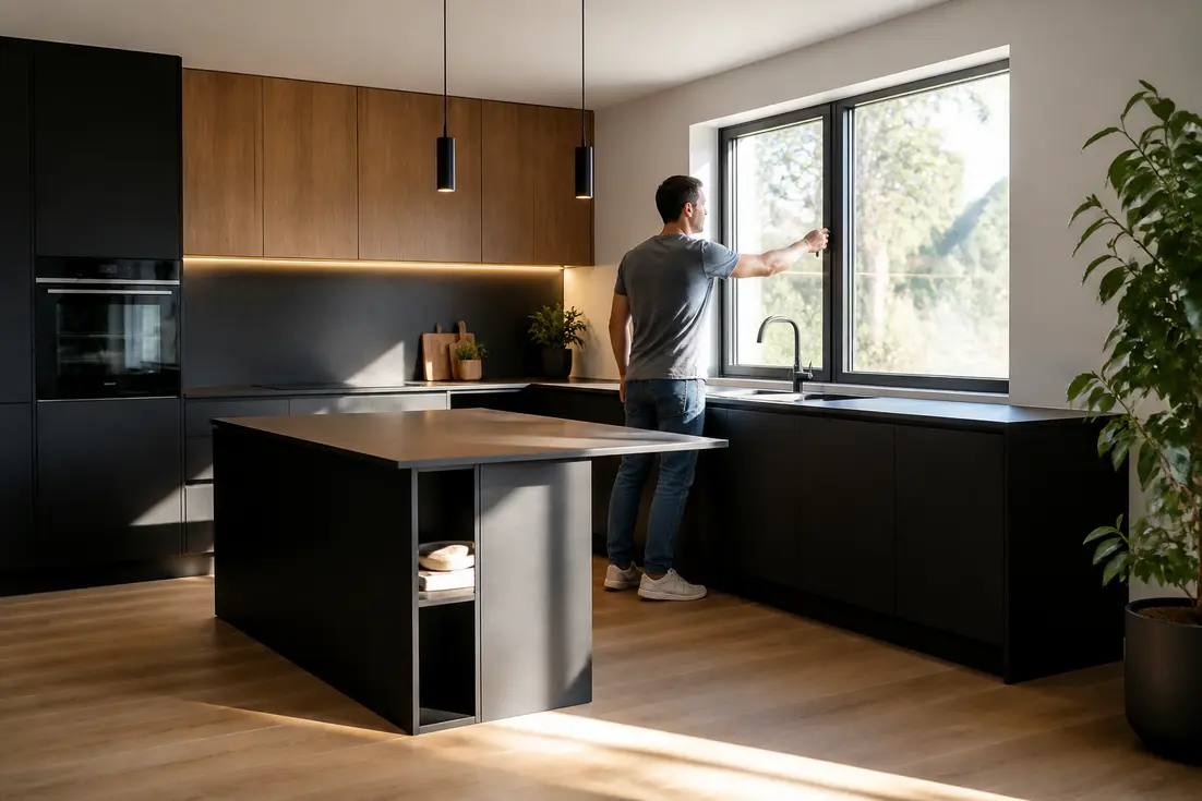 Aménagement lumineux d'une cuisine noire et bois avec façades mat et plan de travail en chêne.