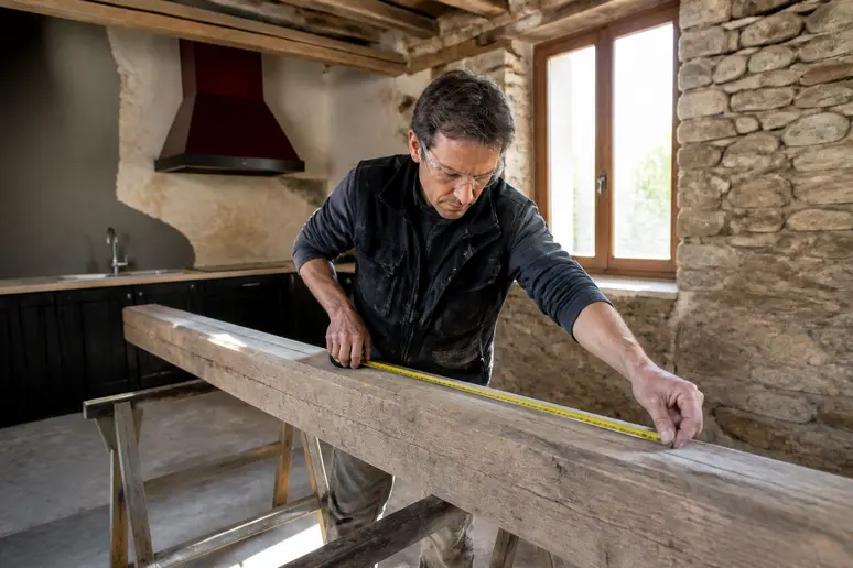 Artisan mesurant une poutre pour aménager cuisine terroir isère dans une bâtisse ancienne.