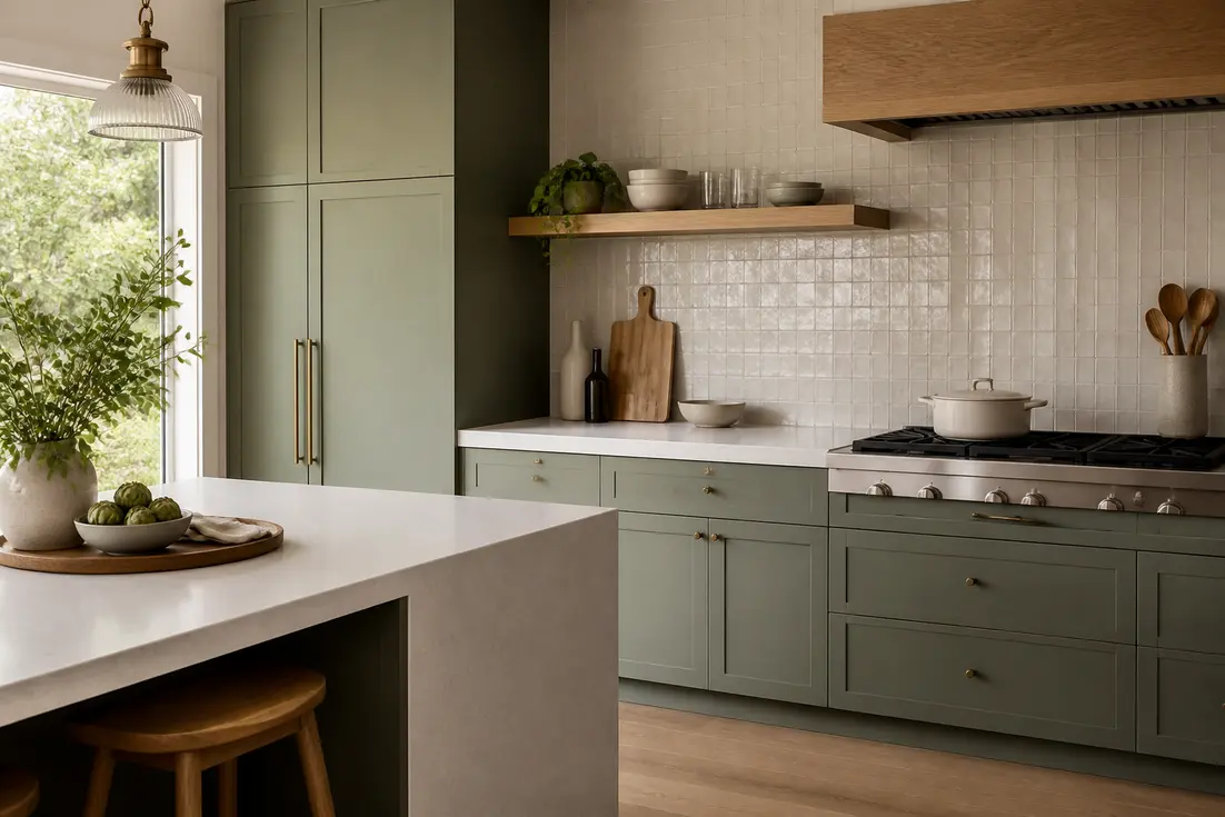 Aménagement moderne d'une cuisine vert sauge avec plan de travail en quartz et touches de bois