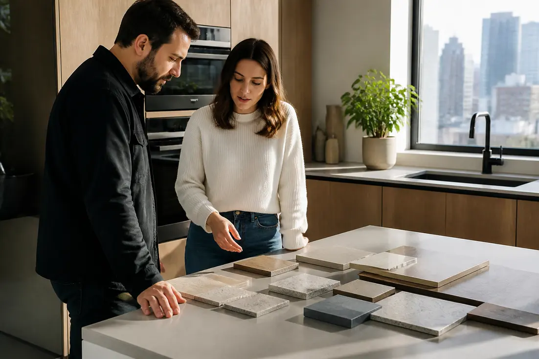 Un couple examine des échantillons de matériaux dans une cuisine moderne pour se faire un Cuisinella avis.