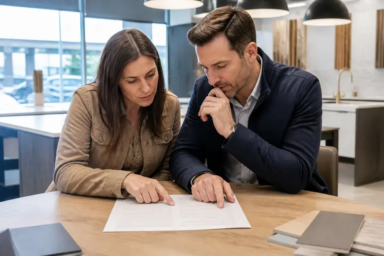 Couple examinant un contrat chez un cuisiniste corenc, attentif aux détails.