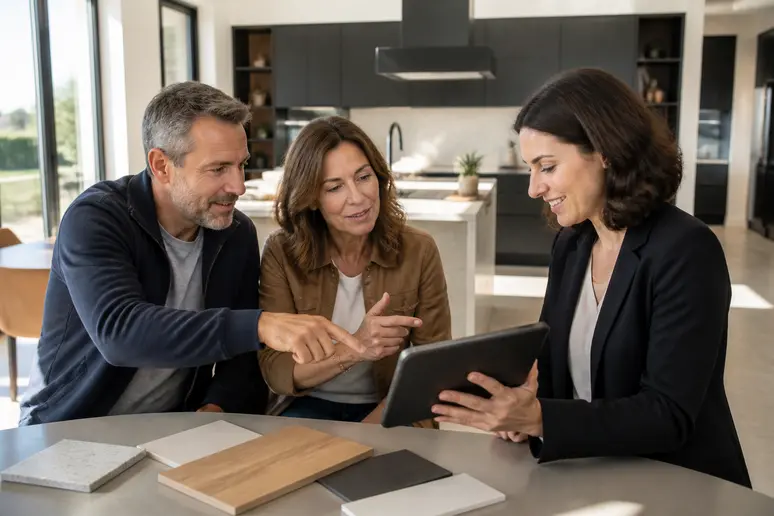 Couple consultant un plan 3D de cuisine avec un cuisiniste à Crolles.