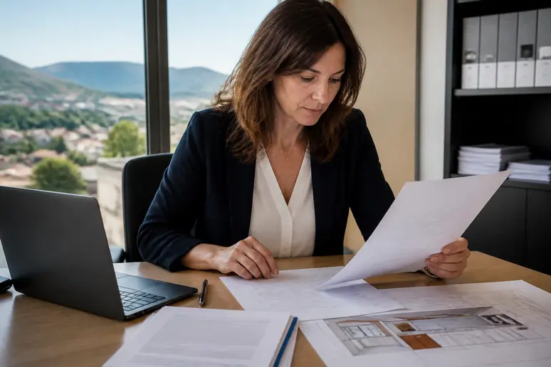 Femme examinant un contrat chez un cuisiniste pour gérer un litige potentiel en Isère.