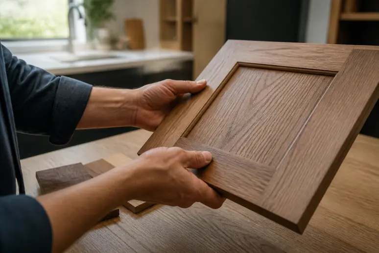 Artisan examinant la qualité du bois pour un cuisiniste Saint Marcellin.