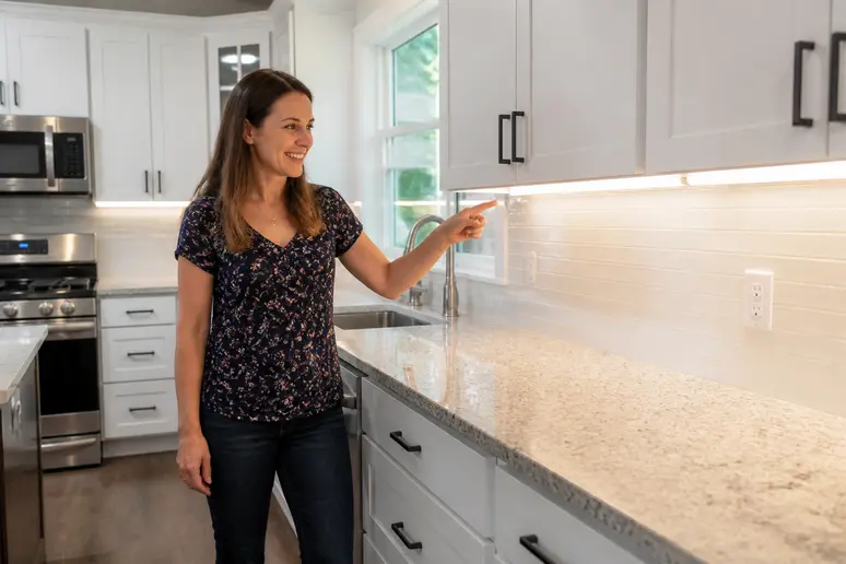 Une femme dans sa cuisine moderne apprécie l'éclairage LED sous les meubles hauts.