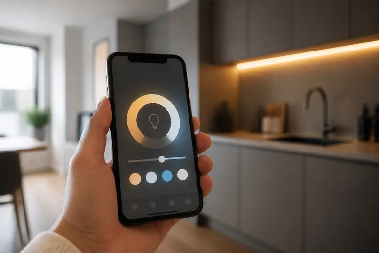 Contrôle d'un éclairage LED cuisine moderne via une application smartphone pour une ambiance personnalisée.