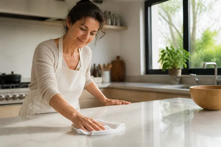 Une femme efface des traces sur le plan de travail en pierre avec une éponge, entretien plan travail pierre.