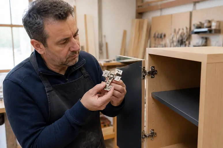 Artisan vérifiant une charnière de meuble professionnel, illustrant la garantie constructeur meubles pro.