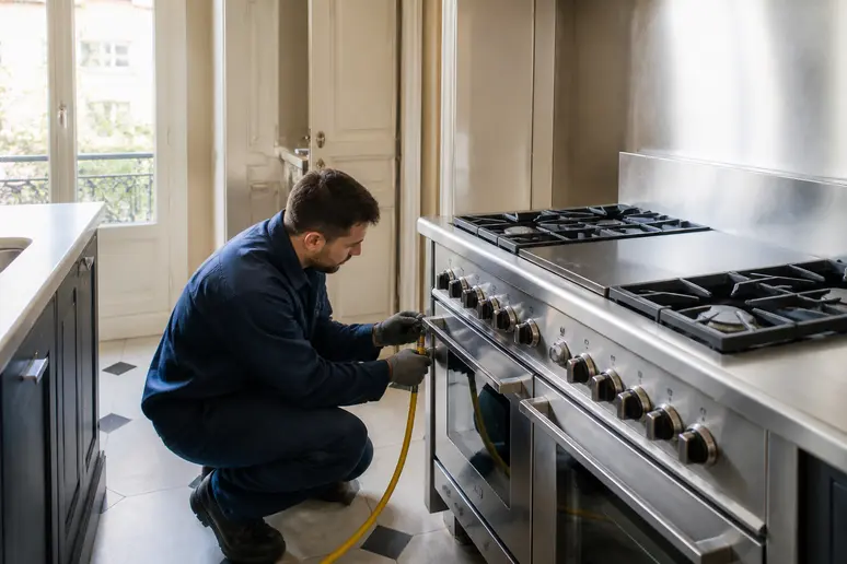 Installateur raccordant un piano de cuisine gaz induction en cuisine parisienne.