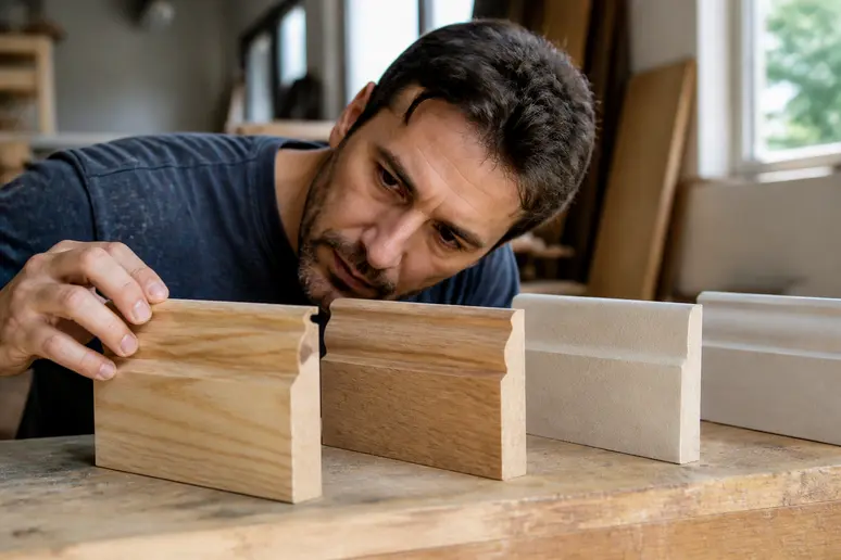Échantillons de plinthes en bois massif et MDF posés sur un établi lors d'une rénovation