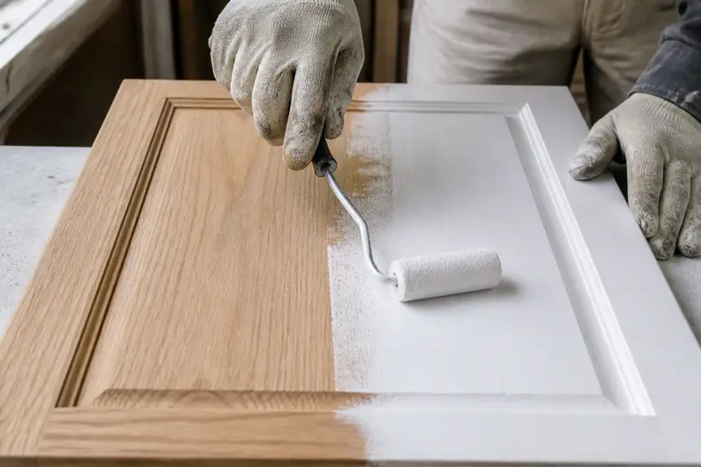 Application d'un primaire anti-tanin au rouleau sur une porte de meuble en chêne.